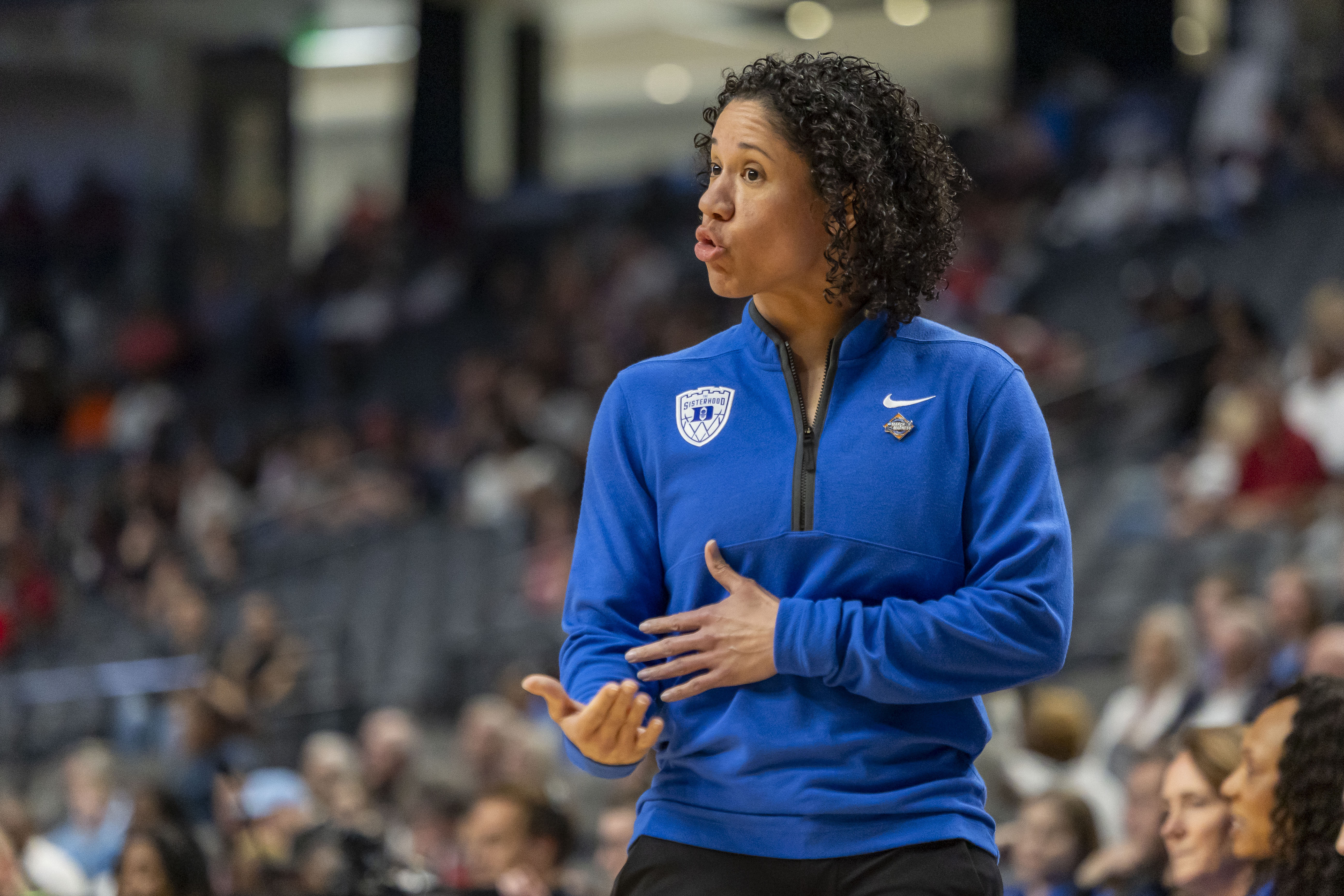 Duke Blue Devils coach Kara Lawson works with her team during the Sweet 16 NCAA Tournament basketball game against the North Carolina Tar Heels at Legacy Arena. Photo: Imagn